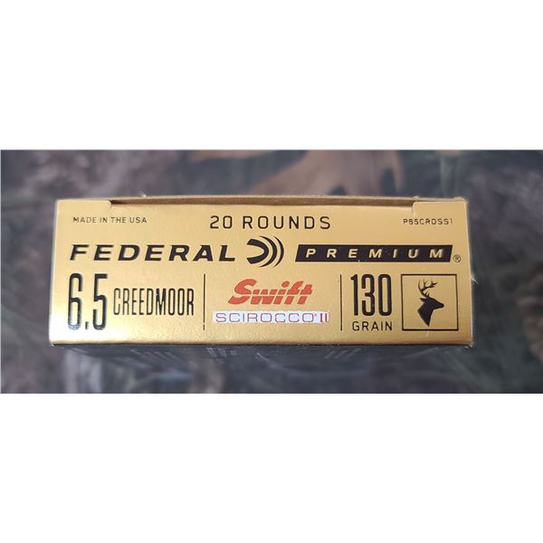 1 BOXES 6.5 CREEDMORE FEDERAL PREMIUM, SWIFT SCIROCCA 2 130 GRAIN 20 ROUNDS PER BOX NO SHIPPING ON A