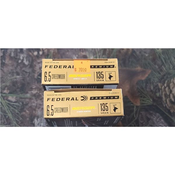 2 BOXES 6.5 CREEDMORE FEDERAL PREMIUM, BERGER HYBRID HUNTER 135 GRAIN 20 ROUNDS PER BOX NO SHIPPING
