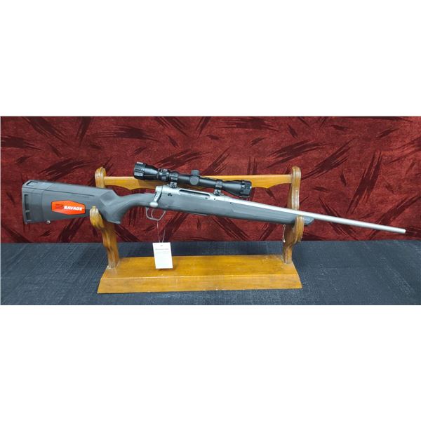SAVAGE AXIS XP 270 WIN. STAINLESS STEEL MATTE BARREL, SYNTHETIC MATTE STOCK C/W WEAVER 4 X 9 SCOPE,