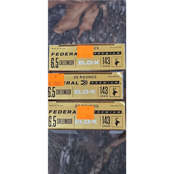 3 BOXES 6.5 CREEDMORE FEDERAL PREMIUM ELD-X 143 GRAIN 20 ROUNDS PER BOX NO SHIPPING ON AMMUNTION