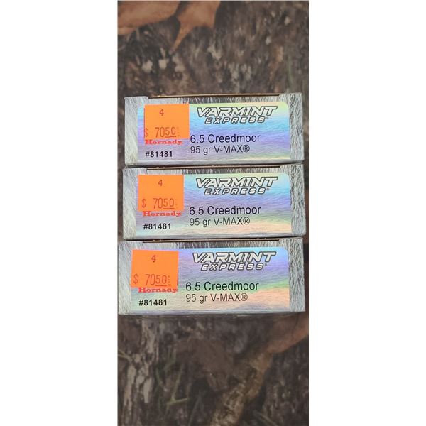 3 BOXES 6.5 CREEDMORE HORNADY VARMINT EXPRESS V-MAX 95 GRAIN 20 ROUNDS PER BOX NO SHIPPING ON AMMUNT
