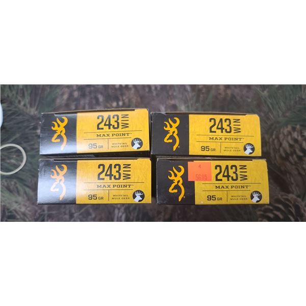 4 BOXES 243 WIN. BROWNING MAX POINT,95 GRAIN 20 ROUNDS PER BOX NO SHIPPING ON AMMUNTION