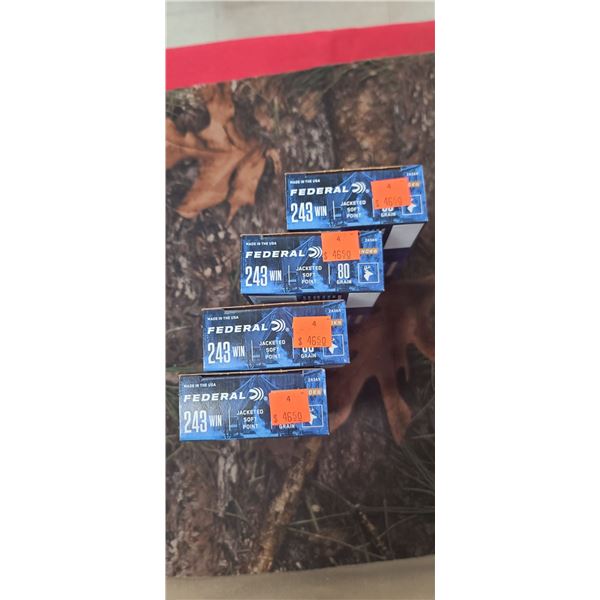4 BOXES 243 WIN. FEDERAL POWER SHOK,JACKETED SOFT POINT 80 GRAIN 20 REOUNDS PER BOX NO SHIPPING ON A