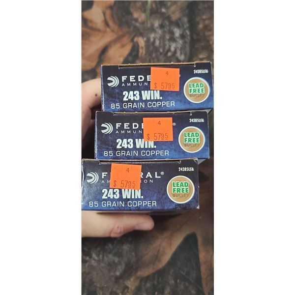 3 BOXES 243 WIN. FEDERAL POWER SHOK, COPPER 85 GRAIN LEAD FREE 20 REOUNDS PER BOX NO SHIPPING ON AMM