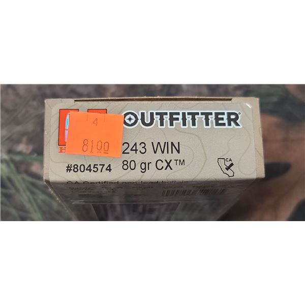 1 BOX 243 WIN. HORNADY OUTFITTER CX 80 GRAIN 20 ROUNDS PER BOX NO SHIPPING ON AMMUNTION