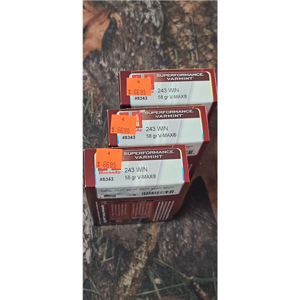 3 BOXES 243 WIN. HORNADY SUPERFORMANCE VARMINT V=MAX 58 GRAIN 20 ROUNDS PER BOX NO SHIPPING ON AMMUN