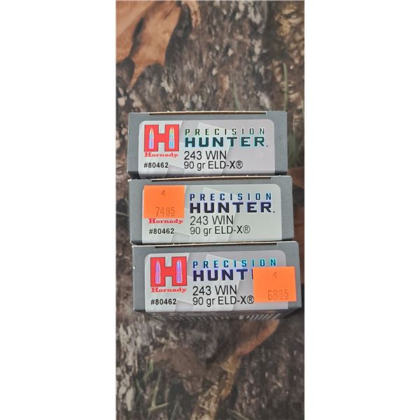 3 BOXES 243 WIN. HORNADY PRECISION HUNTER ELD-X 90 GRAIN 20 ROUNDS PER BOX NO SHIPPING ON AMMUNTION