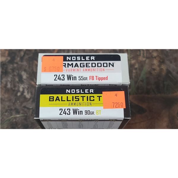 1 BOX 243 WIN. NOSLER VARMAGEDDON FB TIPPED 55 GRAIN & 243 WIN NOSLER BALLISTIC TIP BT. 90 GRAIN 20