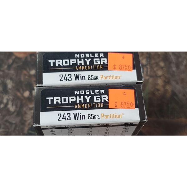 2 BOXES 243 WIN. NOSLER TROPHY GRADE PARTITION 85 GRAIN 20 ROUNDS PER BOX NO SHIPPING ON AMMUNTION