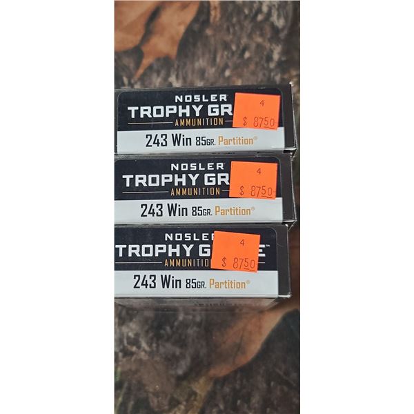3 BOXES 243 WIN. NOSLER TROPHY GRADE PARTITION 85 GRAIN 20 ROUNDS PER BOX NO SHIPPING ON AMMUNTION