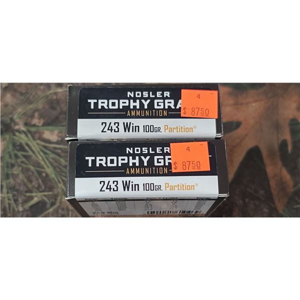 2 BOXES 243 WIN. NOSLER TROPHY GRADE PARTITION 100 GRAIN 20 ROUNDS PER BOX NO SHIPPING ON AMMUNTION