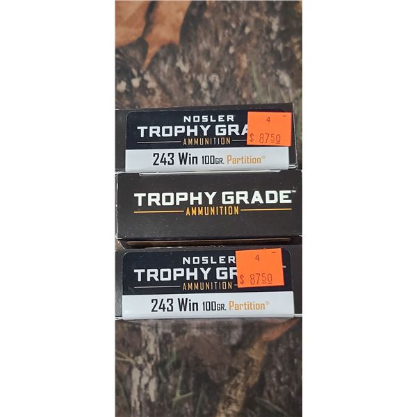 3 BOXES 243 WIN. NOSLER TROPHY GRADE PARTITION 100 GRAIN 20 ROUNDS PER BOX NO SHIPPING ON AMMUNTION