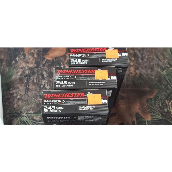 3 BOXES 243 WIN. WINCHESTER BALLISTIC SILVER TIP FRAGMENTING POLYMER TIP 55 GRAIN 20 ROUNDS PER BOX