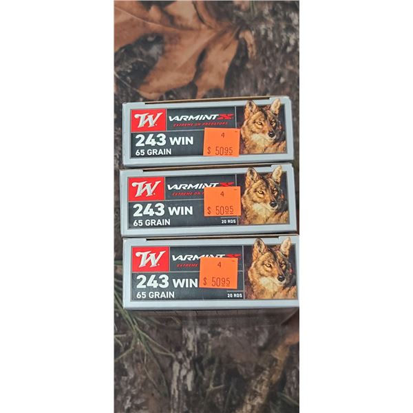 3 BOXES 243 WIN. WINCHESTER VARMINT X 65 GRAIN 20 ROUNDS PER BOX NO SHIPPING ON AMMUNTIO