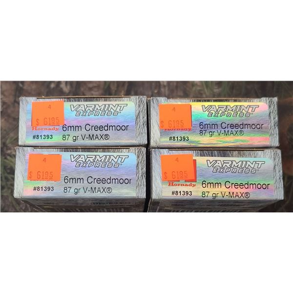 4 BOXES 6MM CREEDMORE, HORNADY VARMINT EXPRESS V-MAX 97 GRAIN 20 ROUNDS PER BOX NO SHIPPING ON AMMUN