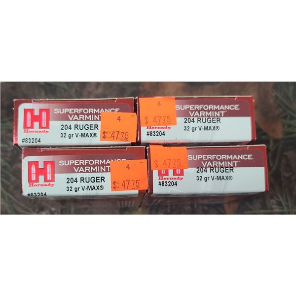 4 BOXES 204 RUGER, HONADY SUPERFORMANCE VARMINT V-MAX 32 GRAIN 20 ROUNDS PER BOX NO SHIPPING ON AMMU