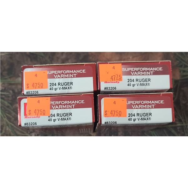 4 BOXES 204 RUGER, HONADY SUPERFORMANCE VARMINT V-MAX 40 GRAIN 20 ROUNDS PER BOX NO SHIPPING ON AMMU