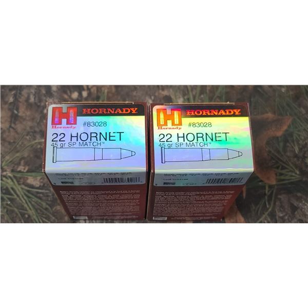 2 BOXES 22 HORNET HORNADY SP MATCH 45 GRAIN 50 ROUNDS PER BOX NO SHIPPING ON AMMUNTION