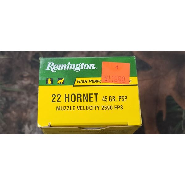 1 BOX 22 HORNET REMINGTON HIGH PERFORMANCE RIFLE PSP 45 GRAIN 2690 FPS 50 ROUNDS PER BOX NO SHIPPING