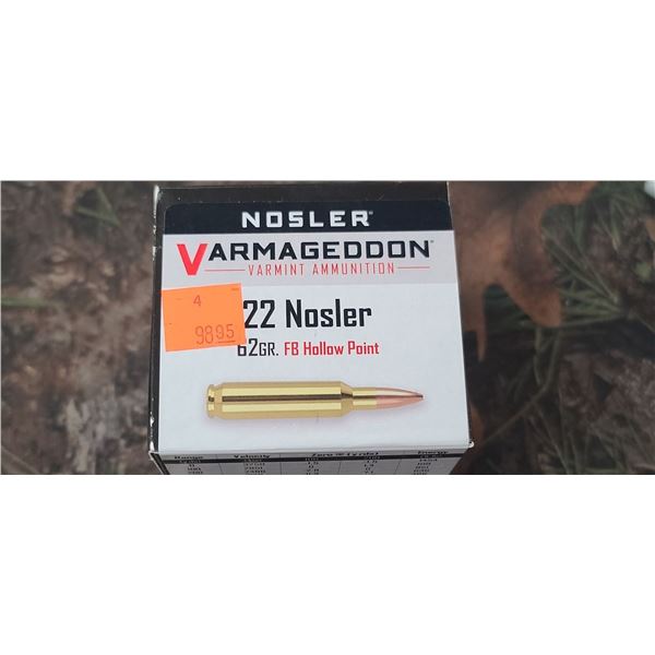 1 BOX 22 NOSLER NOSLER VARMAGEDDON FB HOLLOW POINT 62 GRAIN 50 ROUNDS PER BOX NO SHIPPING ON AMMUNTI