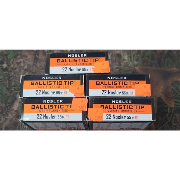5 BOXES 22 NOSLER NOSLER BALLISITE TIP BT. VARMINT AMMO 55 GRAIN 20 ROUNDS PER BOX NO SHIPPING ON AM