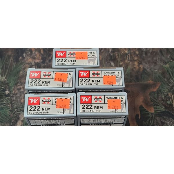 5 BOXES 222 REM WINCHESTER SUPER X VARMINT PREDATOR PSP 50 GRAIN 20 ROUNDS PER BOX NO SHIPPING ON AM
