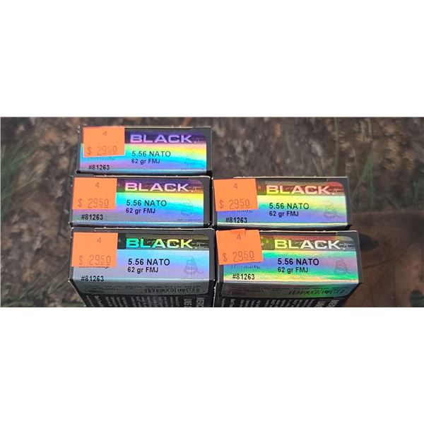 5 BOXES 5.56 NATO HORNADY BLACK FMJ 62 GRAIN 20 ROUNDS PER BOX NO SHIPPING ON AMMO