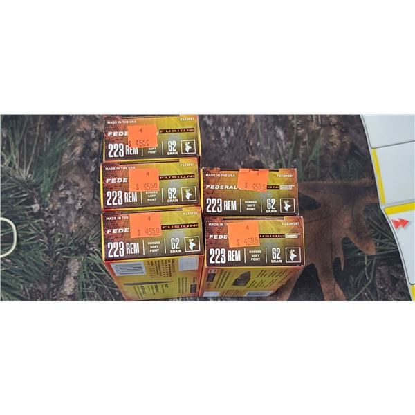 5 BOXES 223 REM. FEDERAL FUSION BONDED SOFT POINT 62 GRAIN 50 ROUNDS PER BOX NO SHIPPING ON AMMO