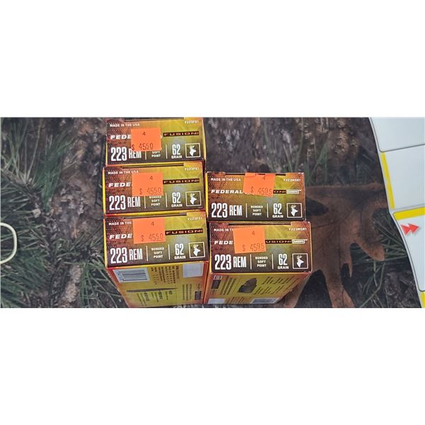 5 BOXES 223 REM. FEDERAL FUSION BONDED SOFT POINT 62 GRAIN 20 ROUNDS PER BOX NO SHIPPING ON AMMO