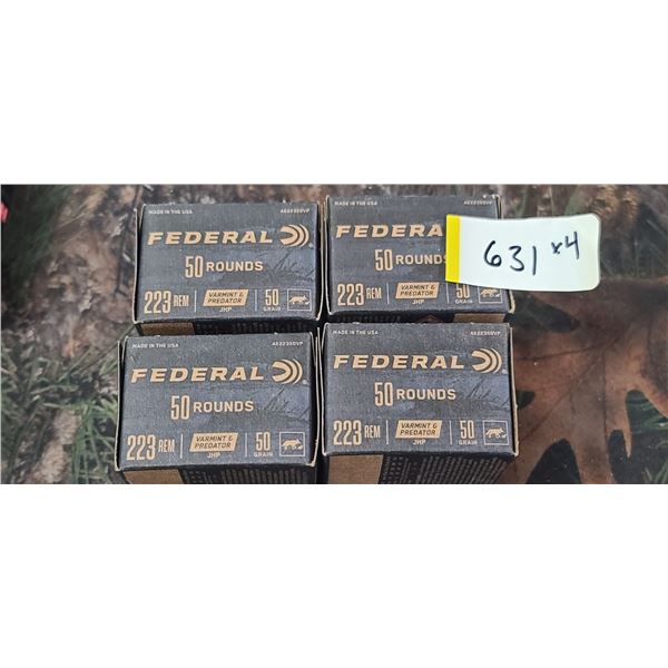 4 BOXES 223 FEDERAL VARMINT PREATER JHP 50 GRAIN 50 ROUNDS PER BOX NO SHIPPING ON AMMO