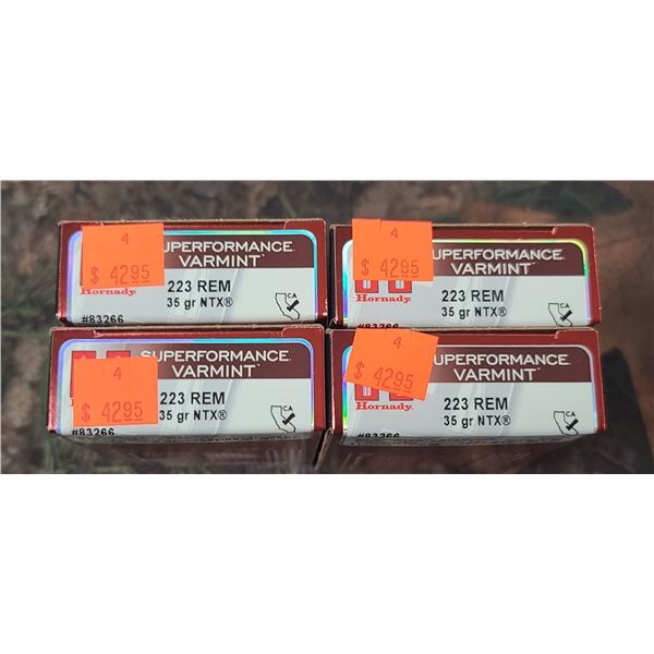 4 BOXES 223 REM. HORNADY SUPERFORAMNCE VARMINT NTX 35 GRAIN 20 ROUNDS PER BOX NO SHIPPING ON AMMO