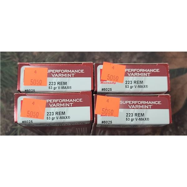 4 BOXES 223 REM HORNADY SUPERFORMANCE VARMINT V-MAX 53 GRAIN 20 ROUNDS PER BOX NO SHIPPING ON AMMO