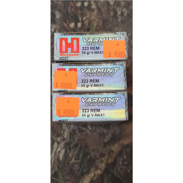 3 BOXES 223 REM, HONDADY VARMINT EXPRESS, V-MAX 55 GRAIN 20 ROUNDS PER BOX NO SHIPPING ON AMMO