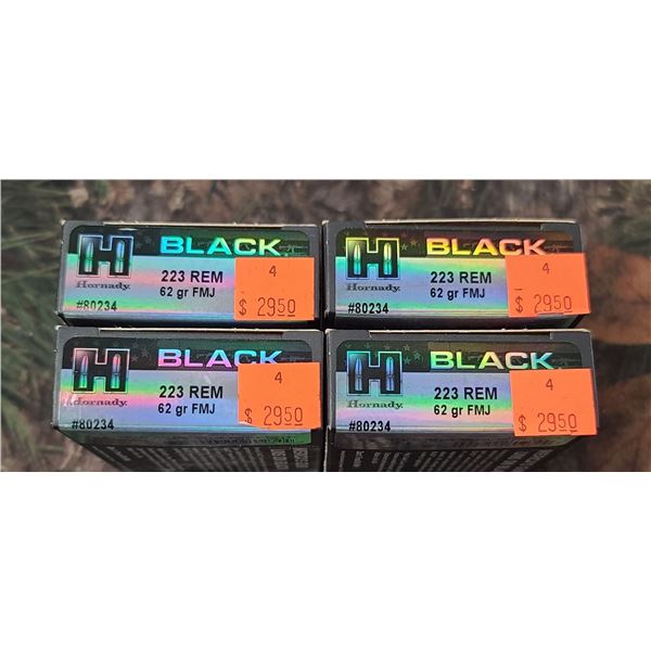 4 BOXES 223 REM. HORNADY BLACK FMJ 62 GRAINS 20 ROUNDS PER BOX NO SSHIPPING ON AMMO
