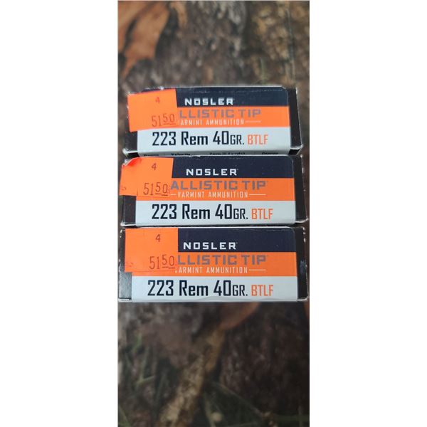 3 BOXES 223 PEM, NOSLER BALLISTIC TIP BTLF VARMINT AMMO 40 GRAIN 20 ROUNDS PER BOX NO SHIPPING ON AM