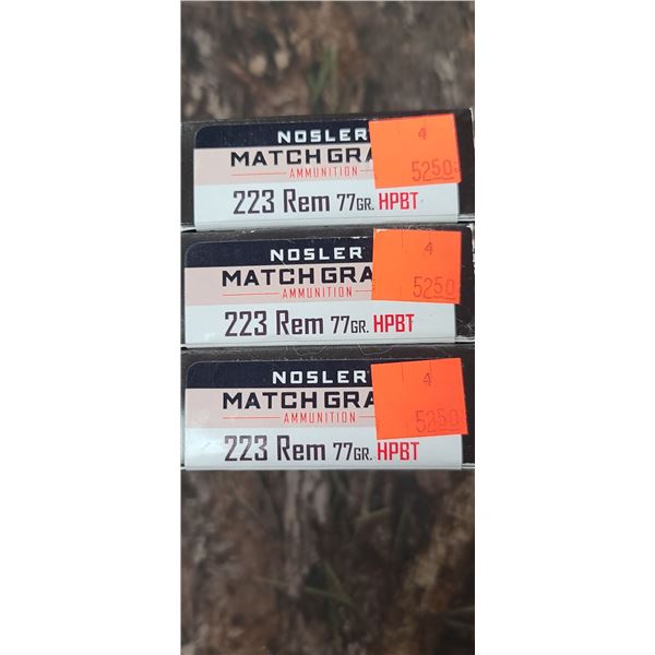 3 BOXES 223 REM NOSLER MATCH GRADE HPBT, 77 GRAIN 20 RFOUNDS/BOX NO SHIPPING ON AMMO