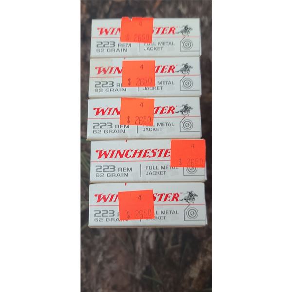 5 BOXES 223 REM, WINCHESTER TARGET FULL METAL JACKET 62 GRAIN 20 ROUNDS /BOX NO SHIPPING ON AMMO