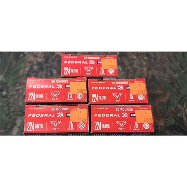 5 BOXES 224 VALKRIE FEDERAL AMERICAN EAGLE TMJ 75 GRAIN 20 ROUNDS PER BOX NO SHIPPING ON AMMO
