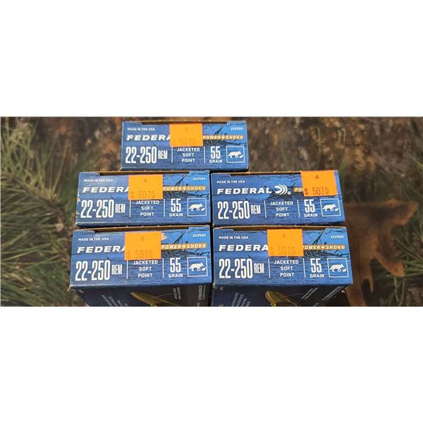 5 BOXES 22-250 REM. FEDERAL POWER--SHOK JACKET SOFT POINT, 55 GRAIN 20 ROUNDS PER BOX NO SHIPPING ON