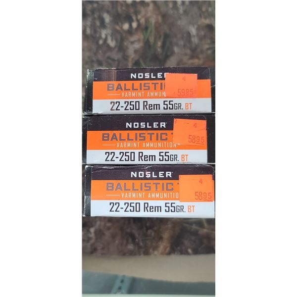 3 BOXES 22-250 REM NOSLER BALISTIC TIP VARMINT 55 GRAIN 20 ROUNDS PER BOX NO SHIPPING ON AMMUNTION