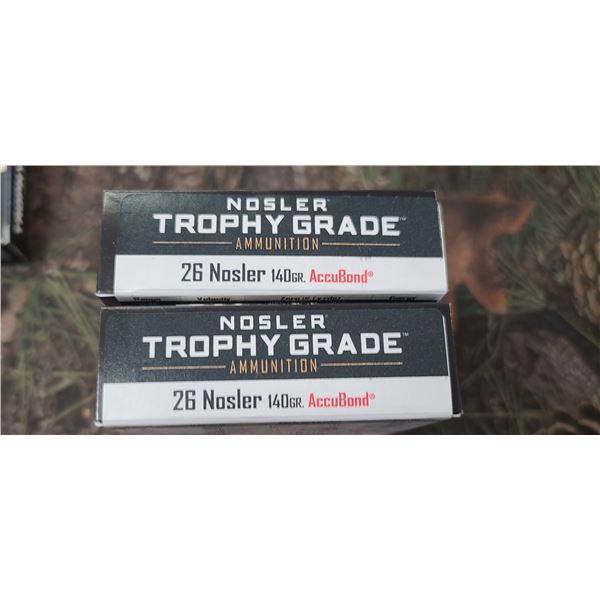 2 BOXES 26 NOSLER, NOSLER ACCU-BOND 140 GRAIN 20 ROUNDS PER BOX NO SHIPPING ON AMMO