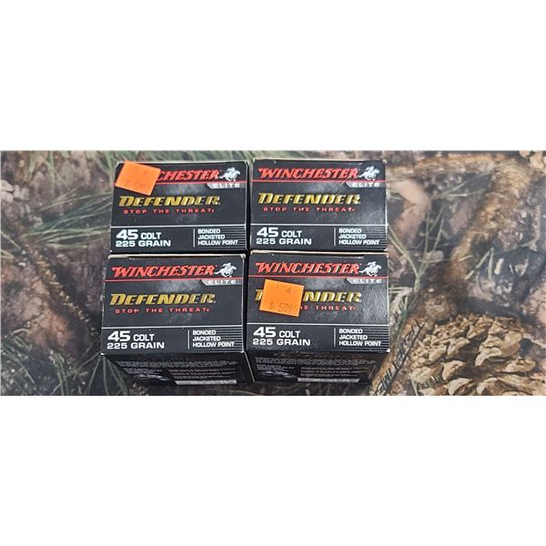 4 BOXES 45 COLT WINCHESTER ELITE DEFENDER BONDED JACKETED H P 225 GRAIN 20 ROUNDS PER BOX NO