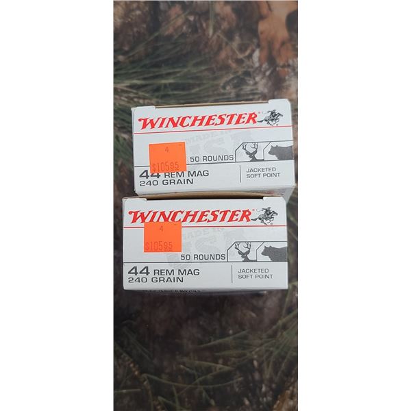 2 BOXES 44 REM MAG WINCHESTER JACKETED SOFT POINT 240 GRAIN 50 ROUNDS PER BOX NO SHIPPING ON AMMUNTI