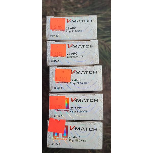 5 BOXES 22 ARC HORNADY V MATCH ELD-VT 62 GRAIN 20 ROUNDS PER BOX NO SHIPPING ON AMMUNTION