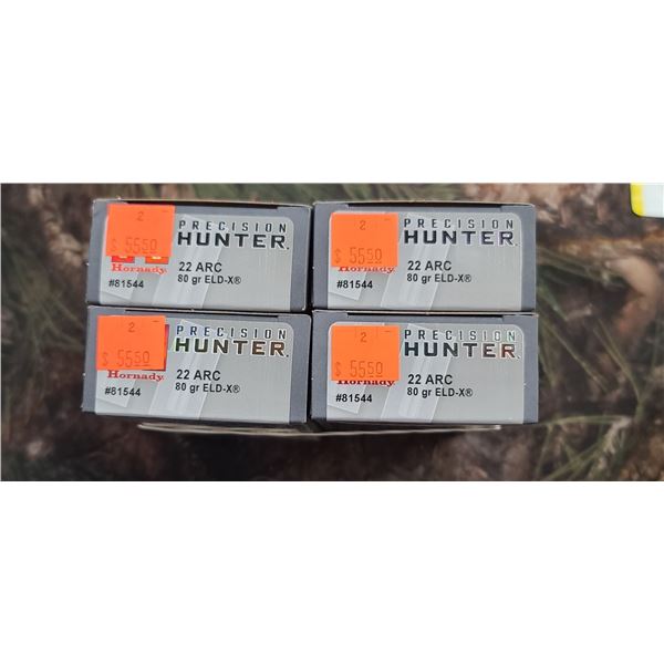 4 BOXES 22 ARC HORNADY PRECISION HUNTER ELD -X 80 GRAIN 20 ROUNDS PER BOX NO SHIPPING ON AMMUNTION