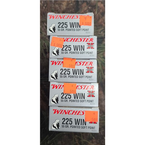 5 BOXES 225 WIN. WINCHESTER SUPER X POINTED SOFT POINT 55 GRAIN 20 ROUNDS PER BOX NO SHIPPING ON AMM