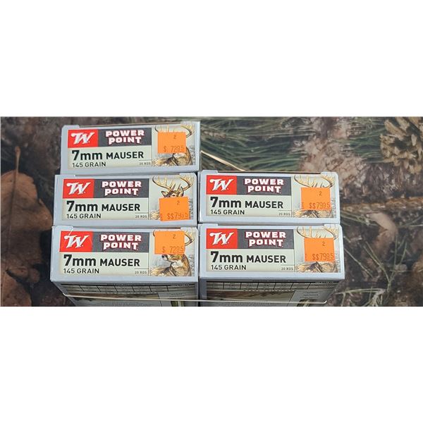 5 BOXES 7MM MAUSER WINCHESTER POWER POINT 145 GRAIN 20 ROUNDS PER BOX NO SHIPPING ON AMMUNTION
