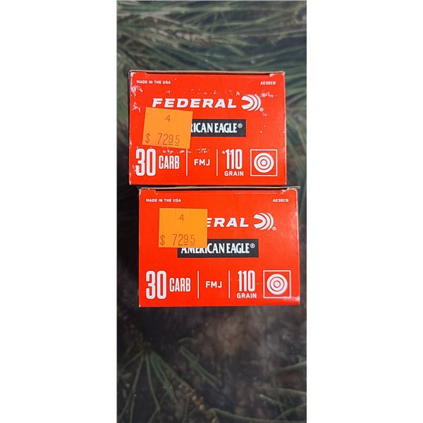 2 BOXES 30 CARBINE FEDERAL AMERICAN EAGLE FMJ 110 GRAIN 50 ROUNDS PER BOX ON SHIPPING ON AMMUNTION