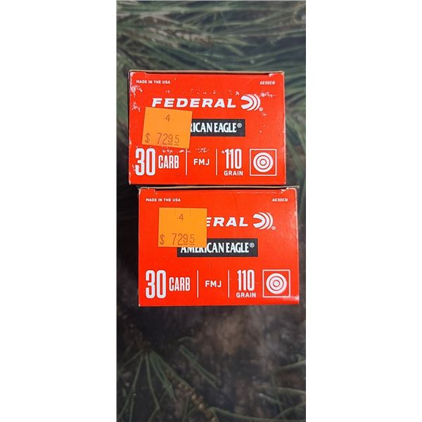 2 BOXES 30 CARBINE FEDERAL AMERICAN EAGLE FMJ 110 GRAIN 50 ROUNDS PER BOX ON SHIPPING ON AMMUNTION