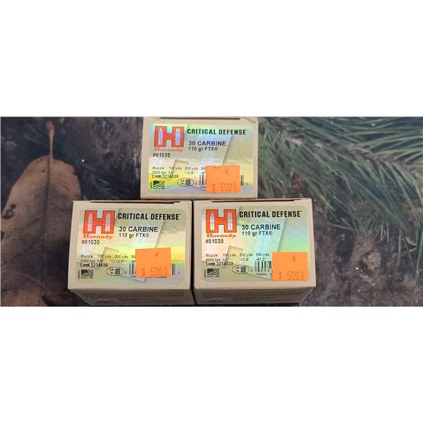 3 BOXES 30 CARBINE HONADAY CRITICAL DEFENCE FTX 110 GRAIN 25 ROUNDS PER BOX NO SHIPPING ON AMMUNTION
